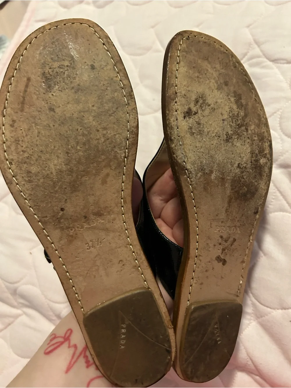 Prada Black Leather Thong Sandals with Pearl & Gold Accents